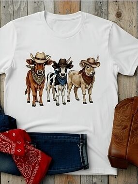 Western Cow Trio Graphic Tee • Cowboy Hat Cows Shirt • Country Western Ranch Tee